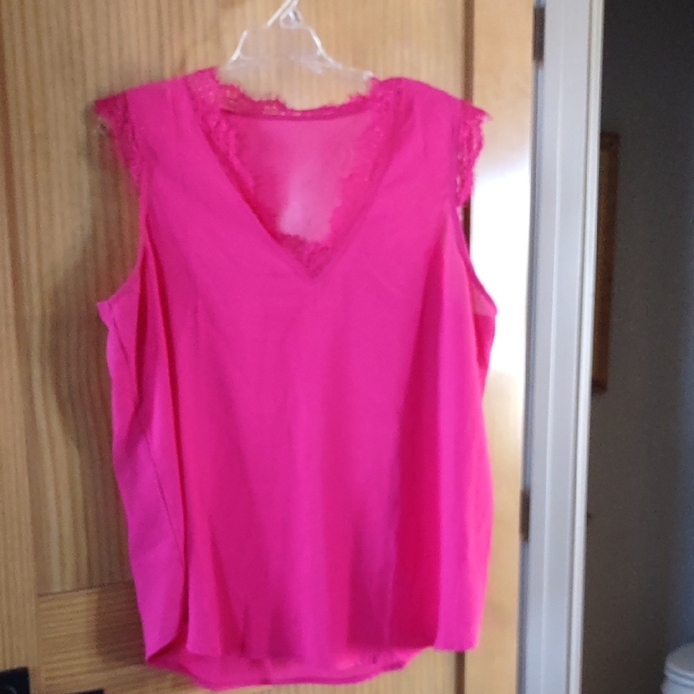 Vibrant Pink XXL Top  Sleeveless Blouse Lace Trim. Chiffon Like Fabric